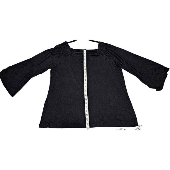 Iman Global Chic Black Top With Smocked Shoulders & Draped Neckline - Picture 8 of 9